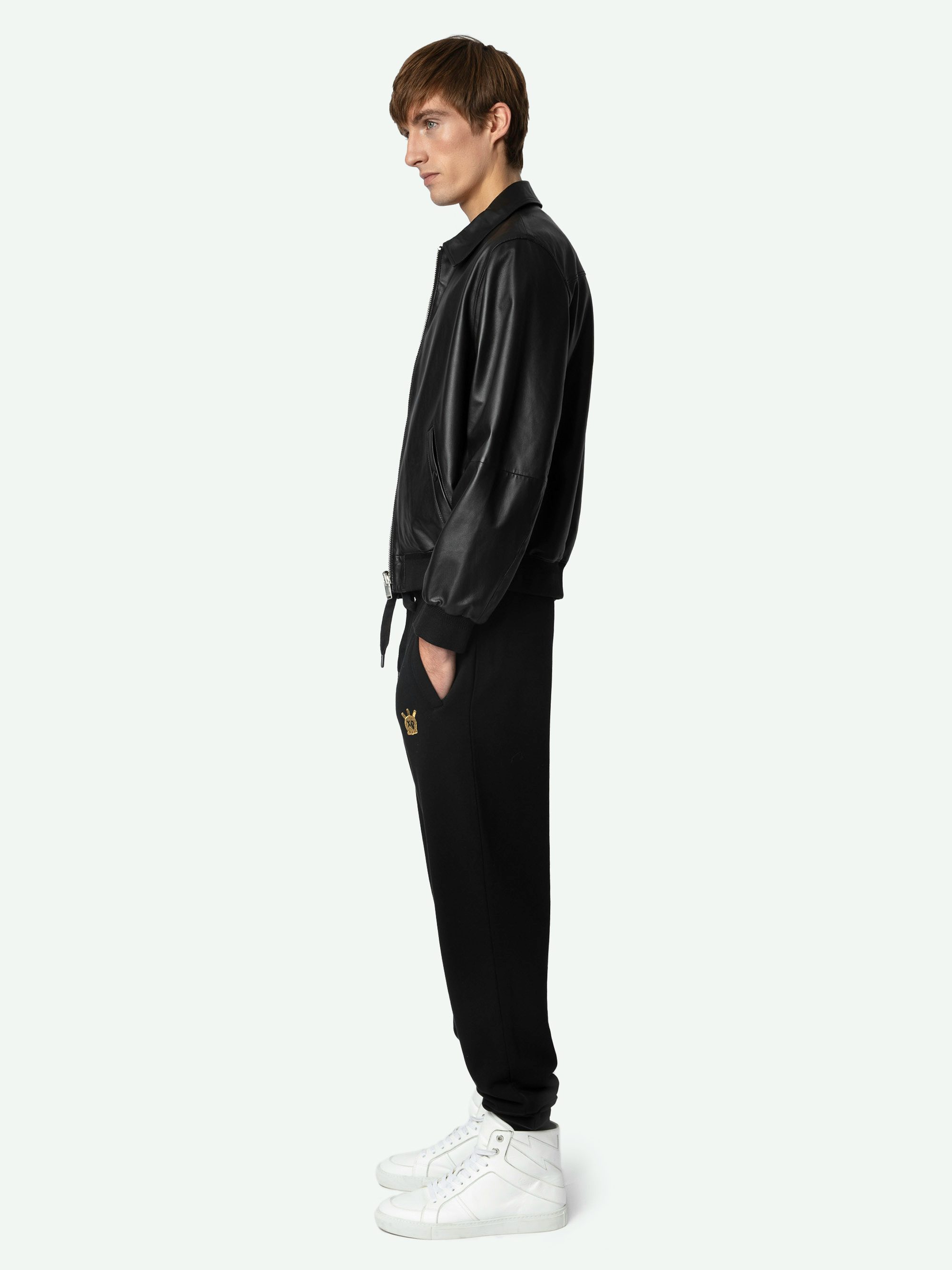 Capri Sweatpants - Black organic cotton jogging bottoms with pockets and gold XO Skull patch on the front.